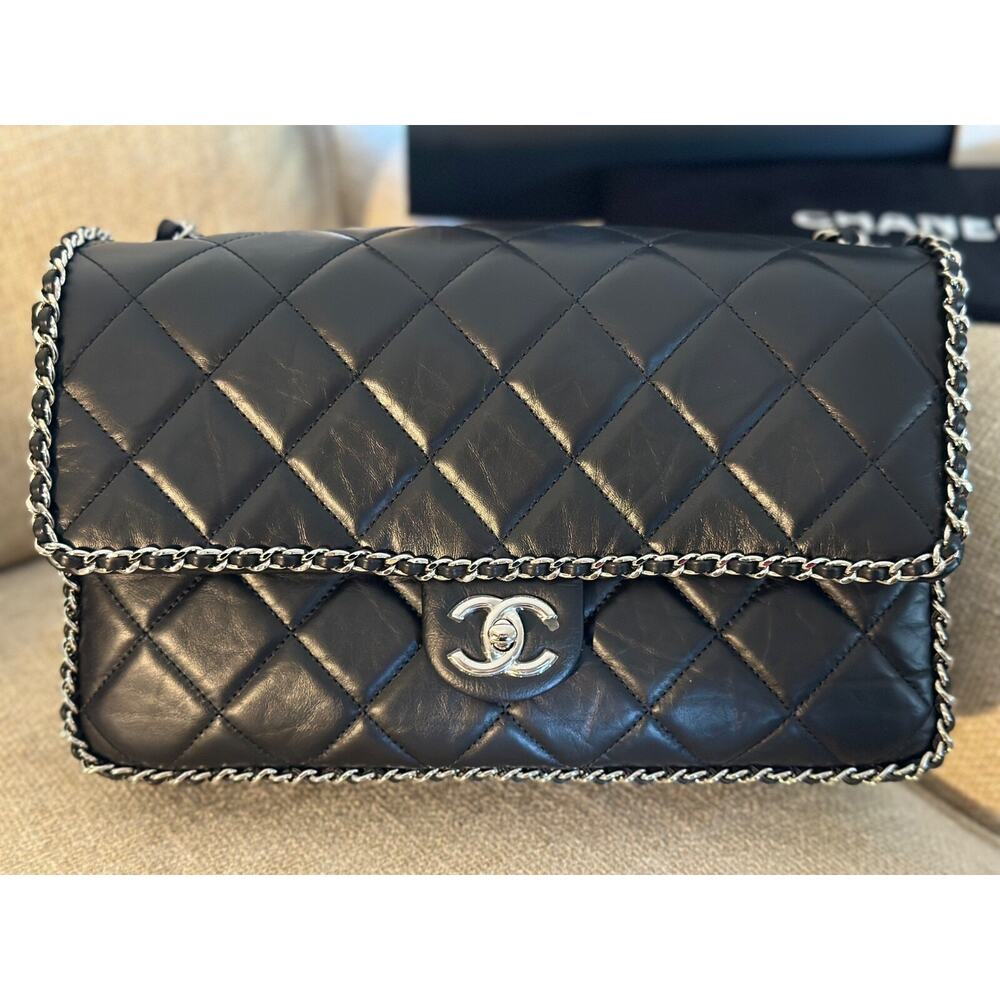 Auth CHANEL Quilted Calfskin 'Chain Around' Large Flap Handbag- Black - NEW